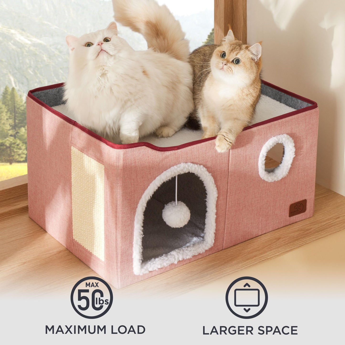 Bedsure Cat Beds for Indoor Cats - Large Cat Cave for Pet Cat House with Fluffy Ball Hanging and Scratch Pad, Foldable Cat Hideaway, 16.5x16.5x13 inches, Grey