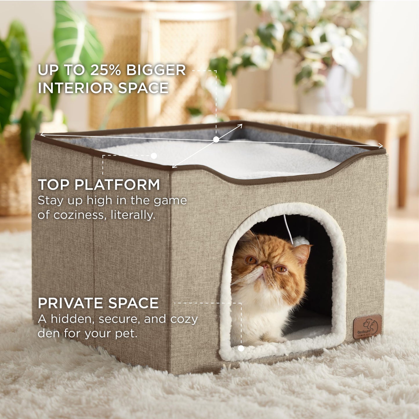 Bedsure Cat Beds for Indoor Cats - Large Cat Cave for Pet Cat House with Fluffy Ball Hanging and Scratch Pad, Foldable Cat Hideaway, 16.5x16.5x13 inches, Grey