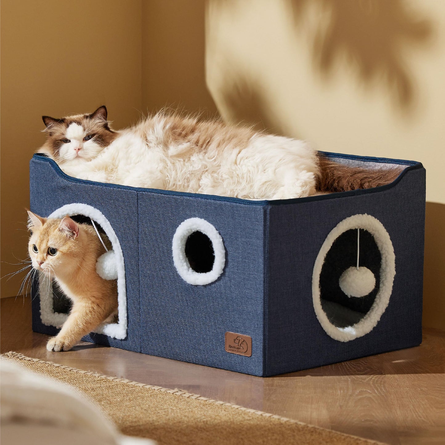 Bedsure Cat Beds for Indoor Cats - Large Cat Cave for Pet Cat House with Fluffy Ball Hanging and Scratch Pad, Foldable Cat Hideaway, 16.5x16.5x13 inches, Grey