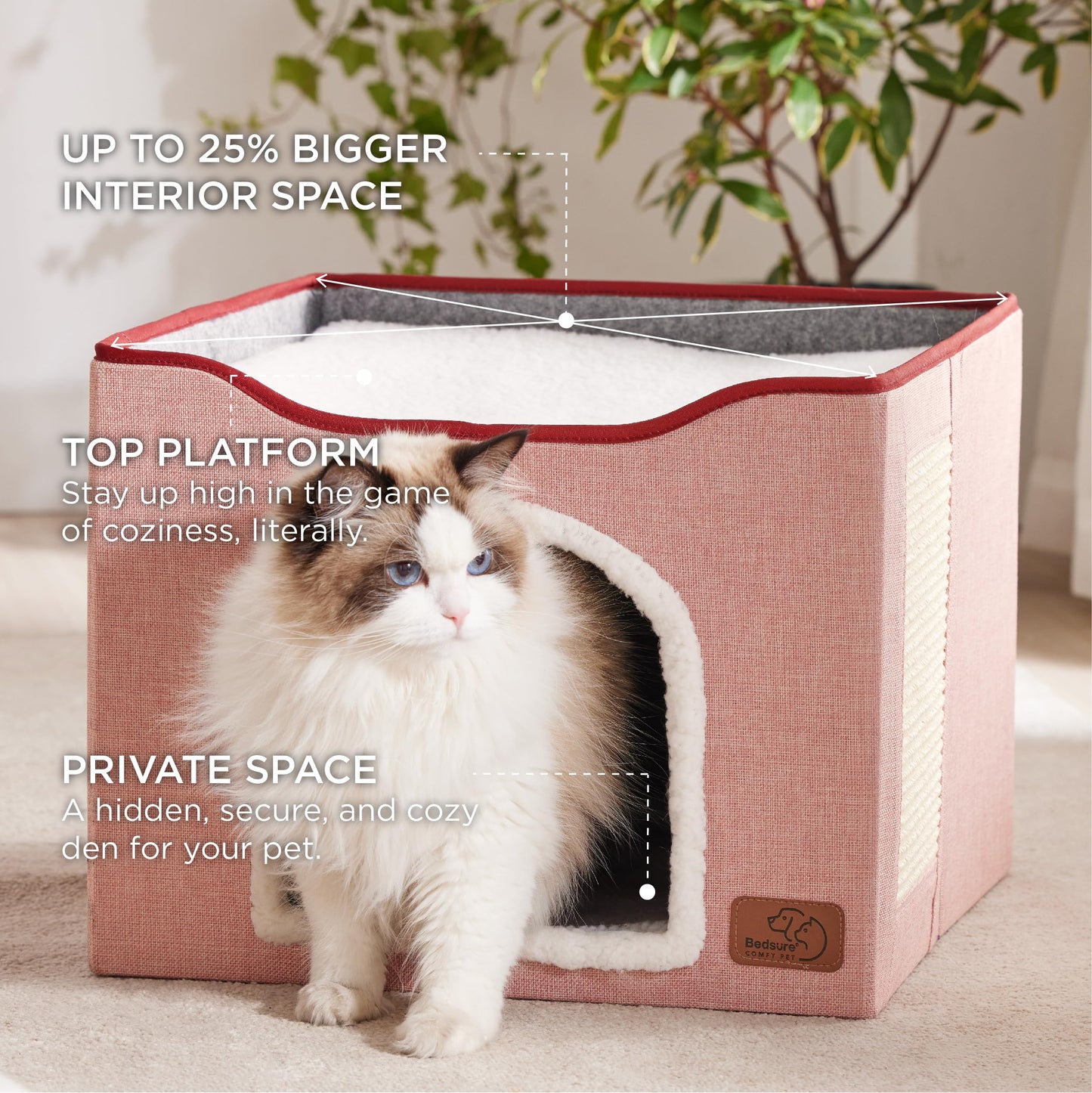 Bedsure Cat Beds for Indoor Cats - Large Cat Cave for Pet Cat House with Fluffy Ball Hanging and Scratch Pad, Foldable Cat Hideaway, 16.5x16.5x13 inches, Grey