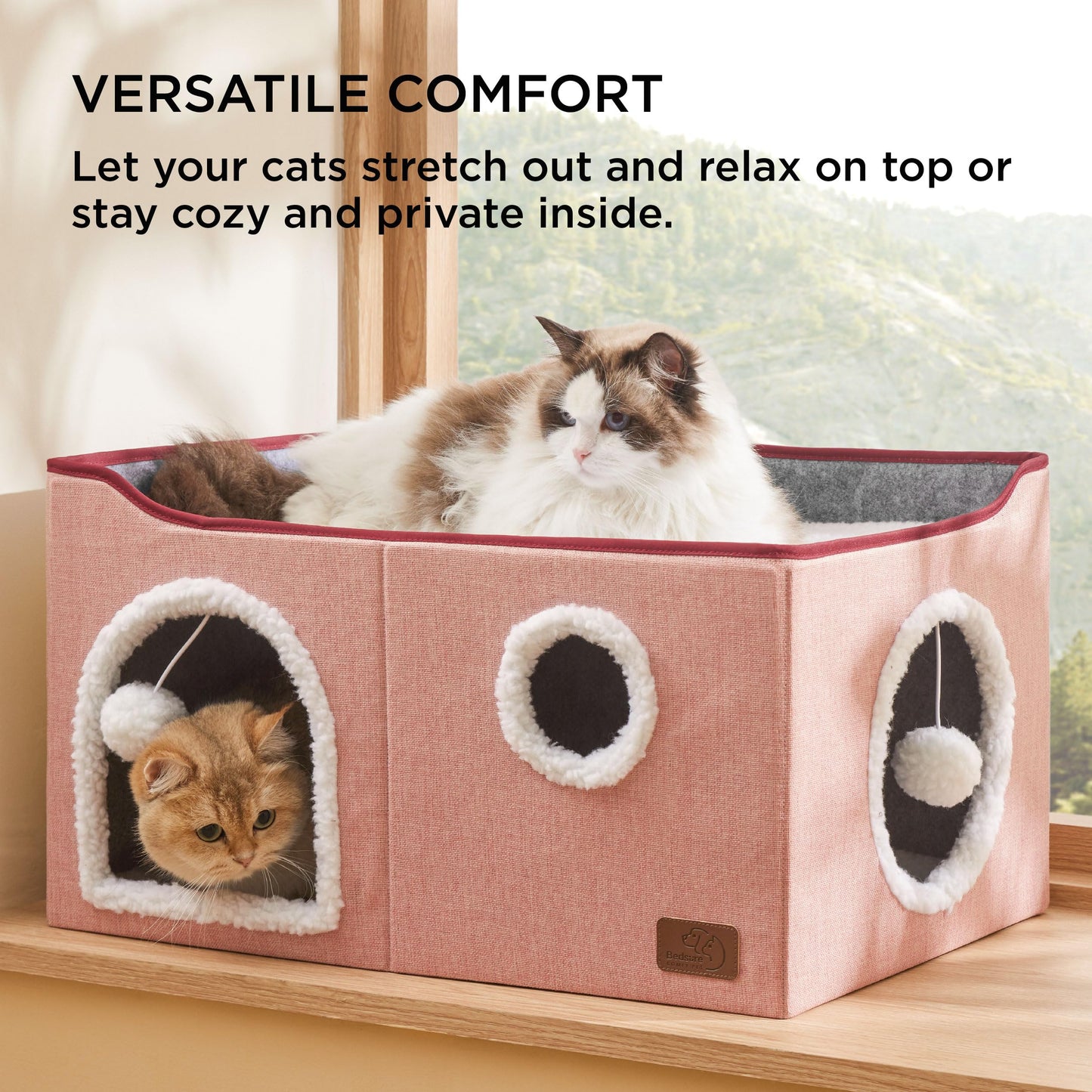 Bedsure Cat Beds for Indoor Cats - Large Cat Cave for Pet Cat House with Fluffy Ball Hanging and Scratch Pad, Foldable Cat Hideaway, 16.5x16.5x13 inches, Grey